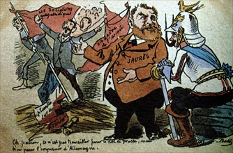 Carte postale caricaturale : Jaurès et les grèves dans l'armée