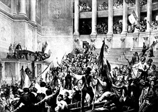 Dernière séance à la Chambre des députés. Lamartine, à la tribune, déclare déchue la dynastie d'Orléans. Lithographie d'après Jules David