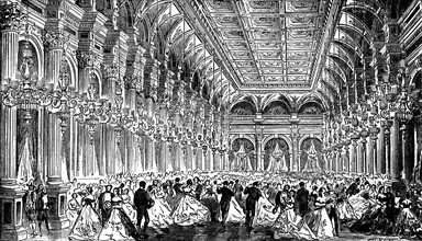 Paris. Bal dans la galerie des fêtes de l'Hôtel de ville. Dessin de M. E. Morin, gravé par M. Ansseau. in "Paris-Guide", Edition de 1867