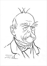 Caricature dans "Der Floh". Bismarck. "Après la réconciliation". "Le prince de Bismarck, ivre de joie, laisse pousser un quatrième cheveu pour donner un groupement symétrique (W = Wilhelm)"