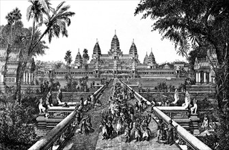 Angkor Vat. Vue de l'allée occidentale et de l'ensemble du grand temple. Gravure extraite de "Monuments du Cambodge" de Louis Delaporte.