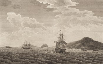 Les frégates l'Astrolabe et la Boussole au mouillage devant l'île de Maui en 1786