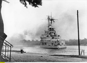German training ship 'Schleswig-Holstein' bombarding Westerplatte, 1939