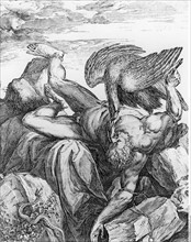 Prometheus chained to a rock while the eagle is ripping out a piece of his liver