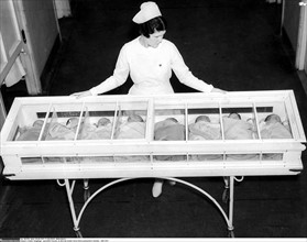 Une infirmière transporte huit nouveaux-nés, aux Etats-Unis, 1937