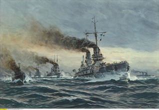 Stöwer, Vaisseau amiral "S.M.S. Deutschland" naviguant en formation dans la mer du Nord.