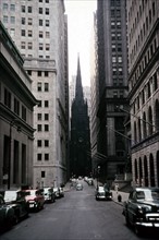 View of Wall Street and Trinity Church in New York City