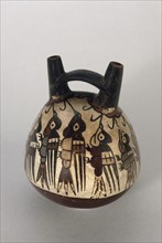 Récipient en céramique, à double goulot, sur lequel est peint un groupe de colibris, culture Nasca, Pérou