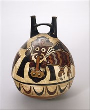 Récipient en  céramique, à double goulot, sur lequel est peint une déité-oiseau, culture Nasca