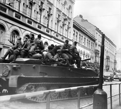 Prague Spring: tank from the Pact of Warsaw troops crossing the old town