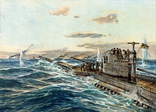 WK I. U-Boot - Krieg - Deutscher U-Boot-Kreuzer im Gefecht - Gemälde