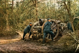 Première Guerre Mondiale. Septembre 1916.
Trois soldats français avec un obusier dans la forêt, à
