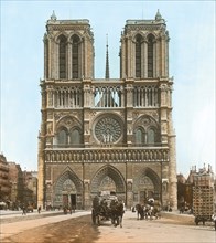 Cathedral Notre-Dame de Paris. Built from 1163 to 1345 in gothic style. Hand-colored lantern slide around 1905.