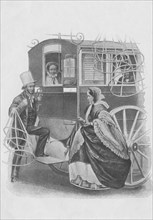Woman wearing dress with crinoline entering a coach