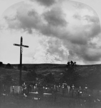 French overseas department Martinique, view from a graveyard to the smoke column three miles high above the Mount Pelee after the volcanic eruption of Mount Pelee, May 1902