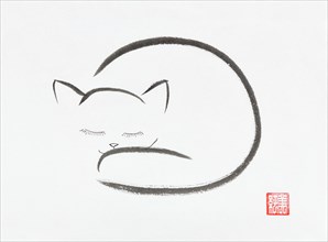 Minimalistic asian illustration of a cute snuggled sleeping cat