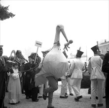 Man dressed as a stork with a baby doll in his beak