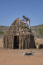 Man of the people of Ovahimba or Himba builds on the roof of a wooden hut