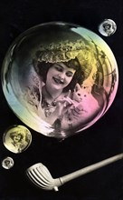 Woman reflected in soap bubbles