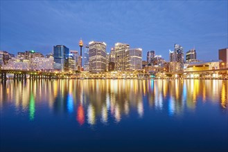 Skyline with skyscrapers in Darling Harbour at dusk