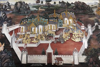 Buddhist temple complex with scene from Ramakia