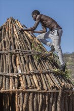 Man of the people of Ovahimba or Himba builds on the roof of a wooden hut