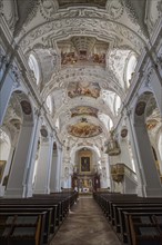 Interior view with chancel and ceiling frescoes and stucco