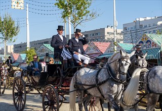 Festive horse-drawn carriage in front of Casetas