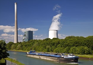 Cargo ship on the Datteln-Hamm Canal in front of the Bergkamen power station