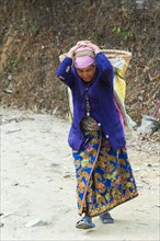 Old Nepalese woman carrying stones for road construction on her back