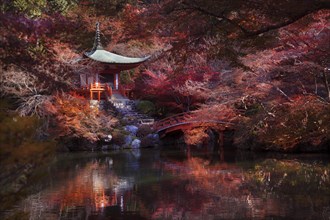 Bentendo Hall with a bridge over a pond at Daigo-ji temple