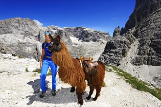 Female hiker with llama near the Zsigmondy or Comici hut