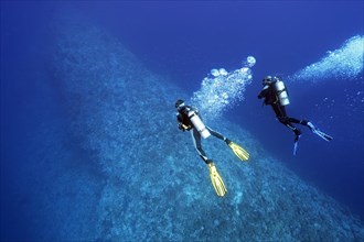 Two divers diving over coral reef