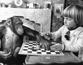 Girl and chimpanzee playing the mill game