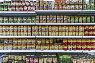 Canned vegetables on a shelf in a Turkish supermarket