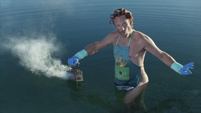 Man with curlers in his hair looking in the water