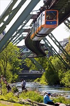 People on the river Wupper with moving suspension railway over it