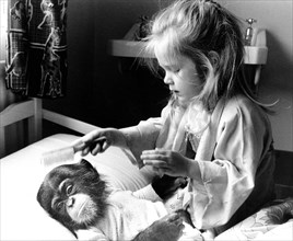 Girl with chimpanzee baby