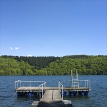 Swimming diving board and wooden pontoon at the edge of a lake surrounded the trees