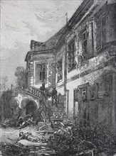 Dead soldiers and the demolished Castle Schafenburg on the Gaisberg near Heidelberg after the storming