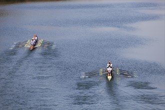 Rowers rowing in rowing boats