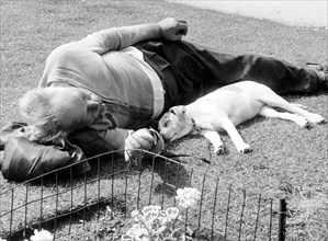 Dog and owner sleep in the grass ca. 1955
