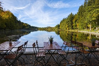 Terrace and outdoor gastronomy at the Waldhaus Deininger pond