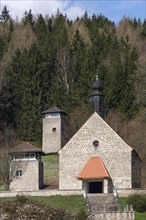 Former watchtowers and devotional chapel in the concentration camp memorial Flossenburg