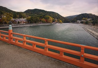 Autumn sunset scenery of Uji River from Uji brindge in Uji