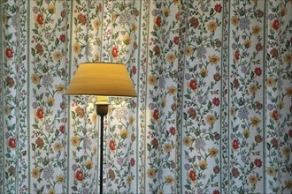 Floor lamp in front of curtain with flower pattern