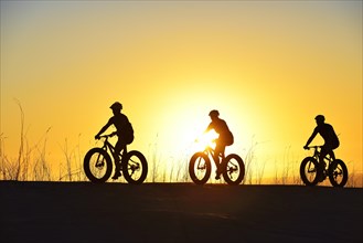 Mountain bikers with Fatbikes in the back light with sunset