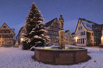 Market place with town hall and historic half-timbered houses at Christmas time