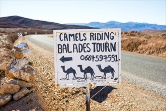 Hand-painted sign advertising camel riding in the Atlas Mountains