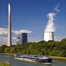 Cargo ship on the Datteln-Hamm Canal in front of the Bergkamen power station
